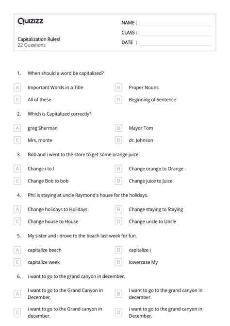 50 Capitalization Worksheets For 7th Grade On Quizizz Free And Printable