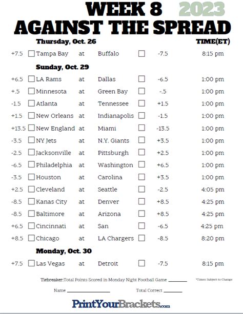 NFL Week 8 Pick Em Against The Spread Sheets Printable