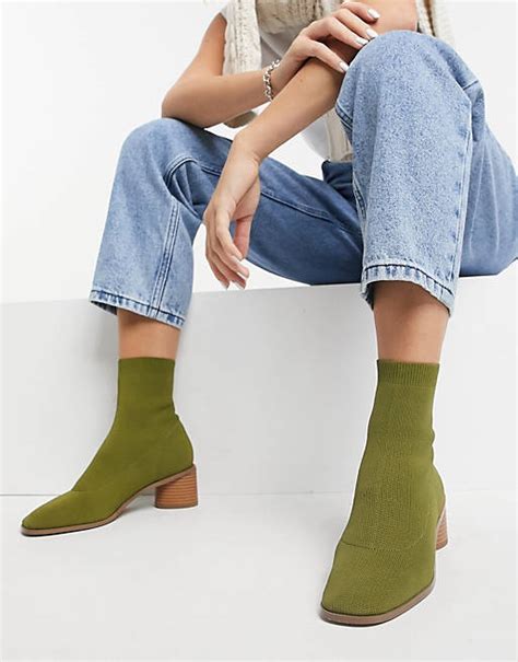 Asos Design Radley Knitted Heeled Sock Boots In Khaki Asos
