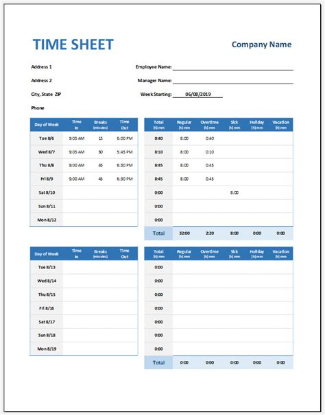 √ Free Editable Weekly Timesheet Template Excel Templateral