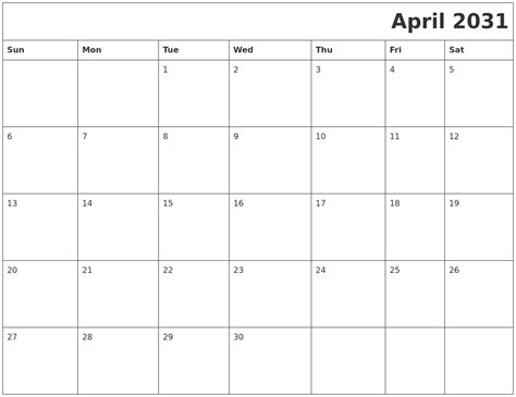 October 2031 Printable Blank Calendar