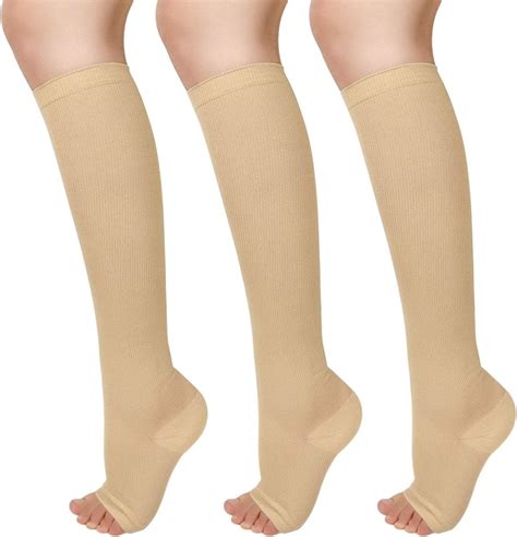 3 Pairs Open Toe Compression Socks Women Knee High Toeless 15 25 Mmhg Sm Health