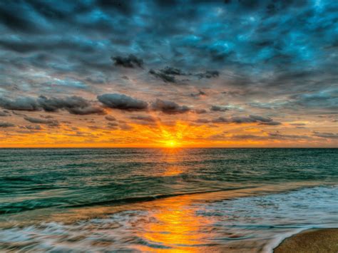 Sunset Sea Ocean Sandy Beach Waves Red Sky Clouds Summer