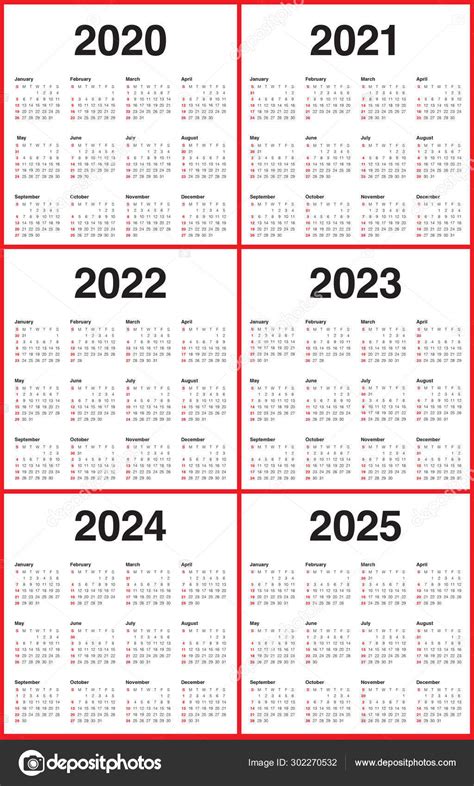 Año 2020 2021 2022 2023 2024 2025 Calendario Vector Diseño Templa
