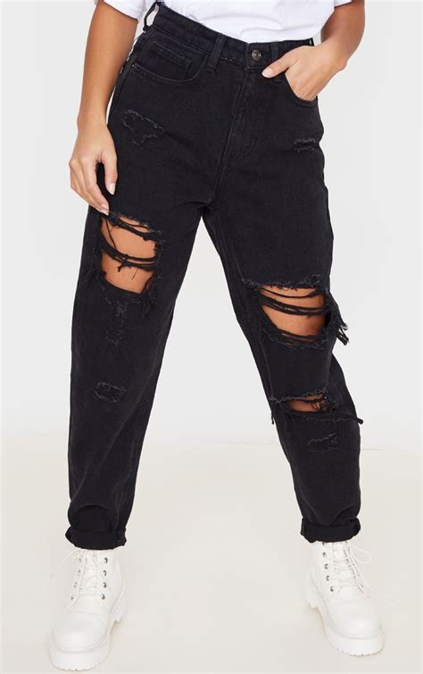 Prettylittlething Petite Black Ripped Mom Jeans Prettylittlething