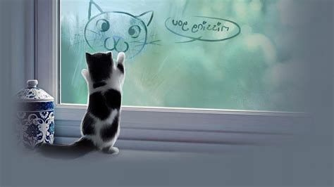Wallpaper Ilustrasi Seni Digital Jendela Biru Anak Kucing Hewan