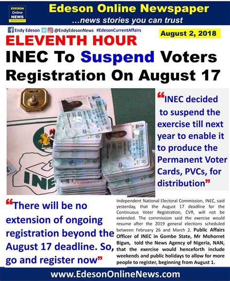 Edeson Online Newspaper Inec To Suspend Voters Registration On August 17
