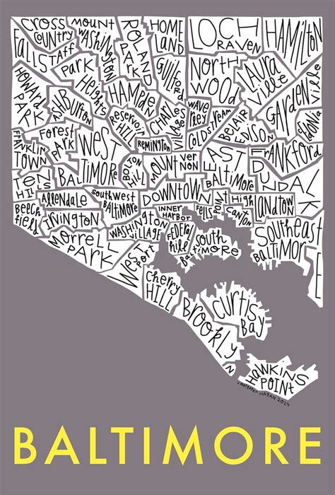 The Baltimore Neighborhood Map In Black And White With Yellow Lettering