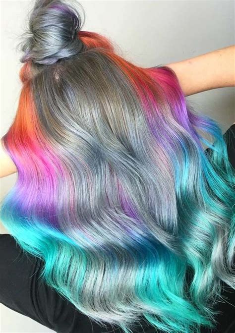 45 Gorgeous Metallic Rainbow Hair Colors With Top Knot Bun 2018