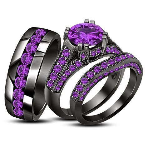 300 Ct Purple Amethyst His And Her Wedding Band Engagement Bridal Trio