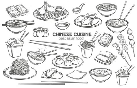 Premium Vector Chinese Cuisine Outline Set Asian Food Engraved