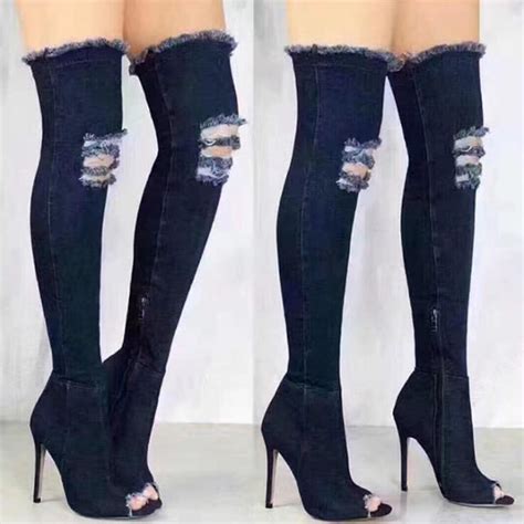 Mhyons Women Over The Knee High Boots Denim High Heels Boots Female Jeans Shoes Ladies Sexy Peep