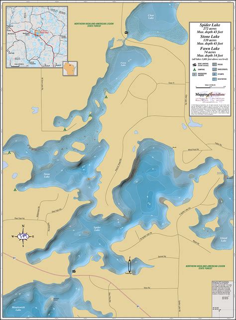 Spider Lake Manitowish Chain Wall Map Mapping Specialists Limited