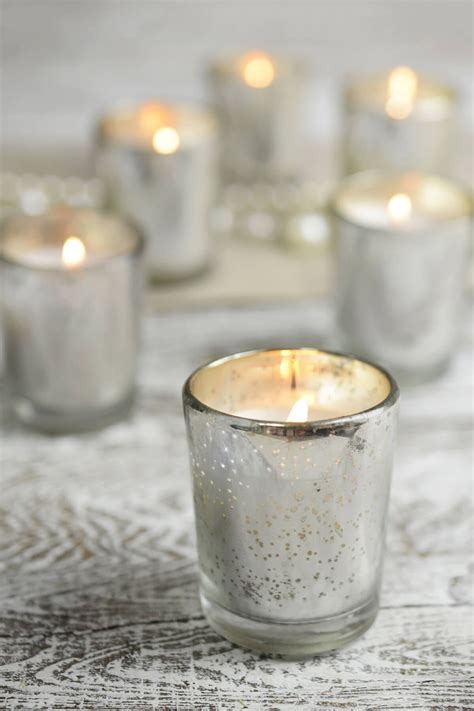 12 Pre Filled Candles In Mercury Glass Votive Holders Unscented 2in