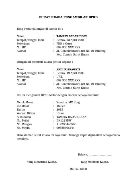 Surat kuasa pengambilan gaji hanya bisa dilakukan jika gaji yang kamu terima dari perusahaan harus diambil secara cash. 8 Contoh Surat Kuasa Pengambilan BPKB Motor atau Mobil 2019