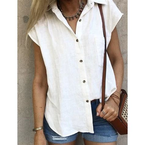 Womens Solid Botton Cotton Blouses Short Sleeve Ladies White Office