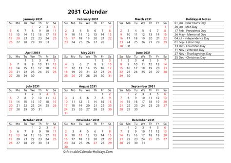Free 2031 Calendar Week Starts Sunday