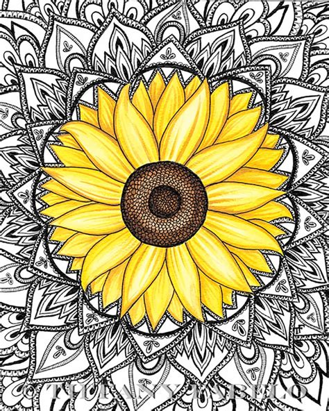 Sunflower Mandala Watercolor Painting Mandala Print Wall Etsy