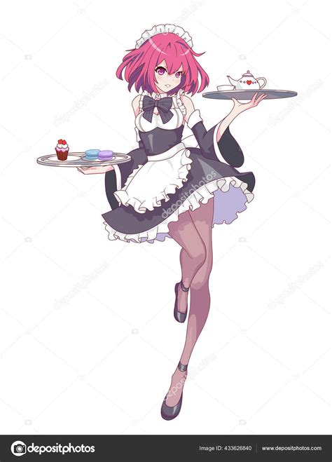 Anime Manga Girl Dressed Maid Waitress Tray Sweets Vector Illustration
