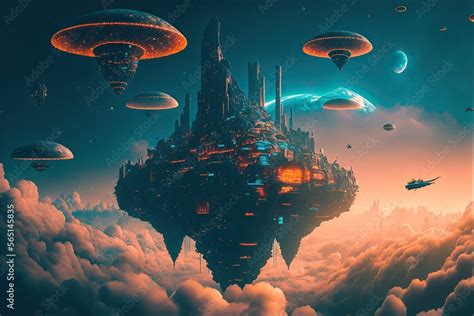 Sci Fi Floating City In The Sky Architecture Blend Of Art Deco And