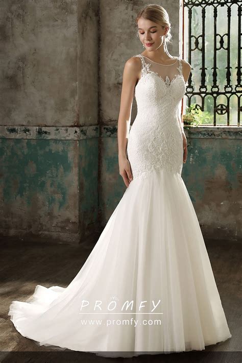 Mermaid Drop Waist White Lace And Tulle Wedding Gown Promfy