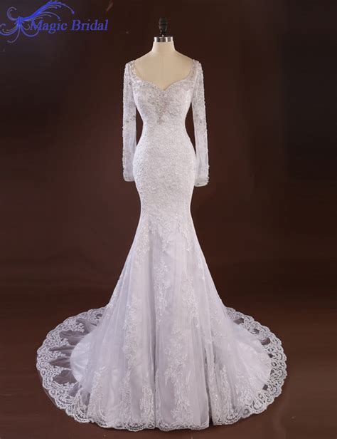 Romantic White Long Sleeve Lace Wedding Dress Mermaid
