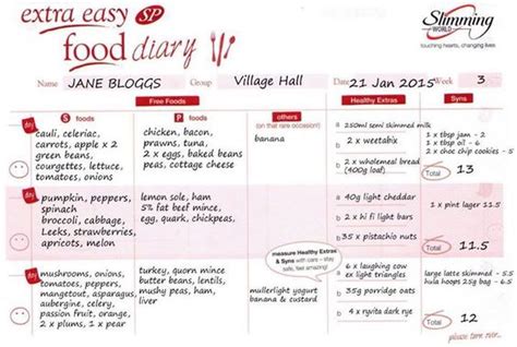 Example Of Slimming World Sp Food Diary Eesp The Slimming World