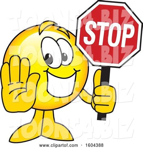 Vector Illustration Of A Cartoon Smiley Mascot Holding A Stop Sign By