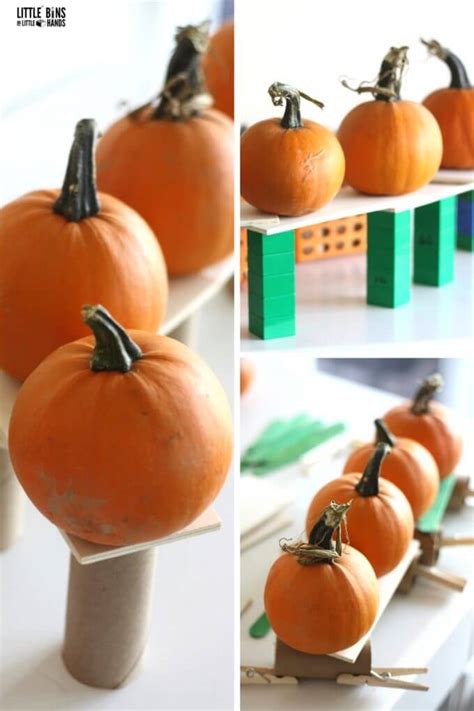 Pumpkin stem activities for kindergarten and preschool. Five Little Pumpkins STEM Challenge | Little Bins for ...