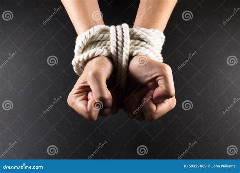 Female Hands Bound In Bondage With Rope Stock Image Image Of Criminal Finger