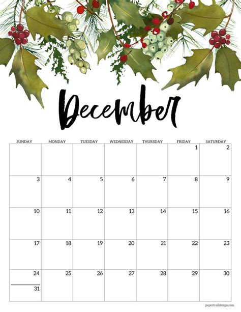 A December Calendar With Holly Leaves And Berries