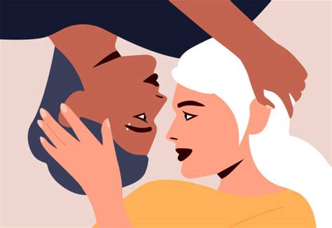 Cartoon Of Young Interracial Lesbian Couple Love Kissing Illustrations
