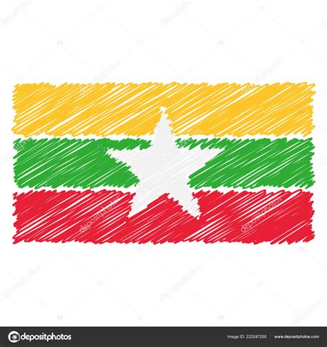 Hand Drawn National Flag Of Myanmar Isolated On A White Background ...