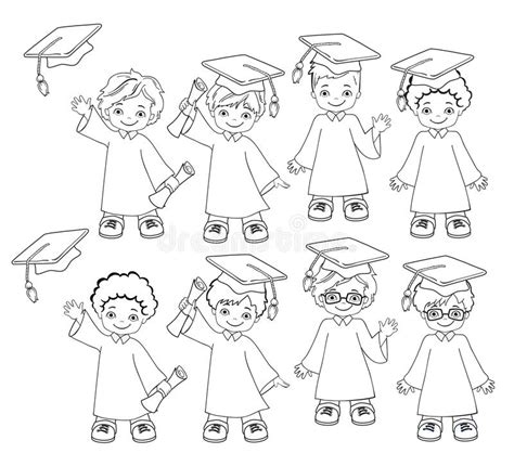 Coloring Boys Set Of Children In A Graduation Gown And Mortarboard