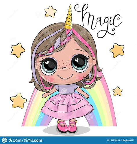 Cartoon Unicorn Girl And A Rainbow Isolated On A White Background Stock
