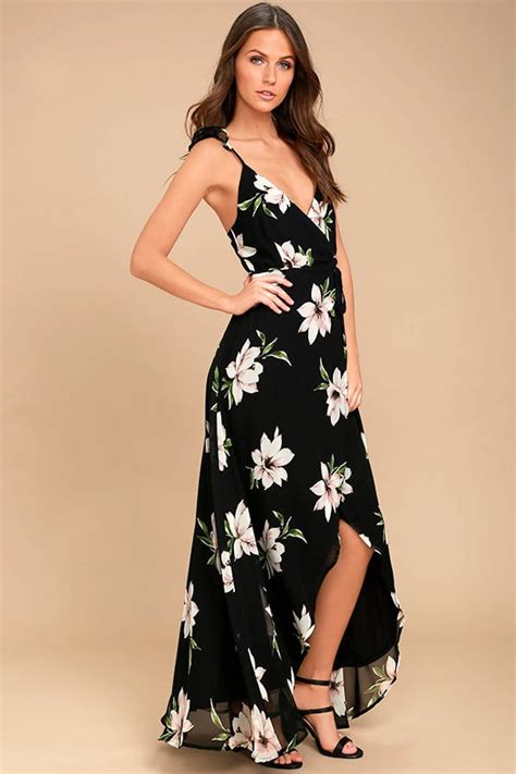 Lovely Black Floral Print Dress Wrap Dress High Low Dress Lulus