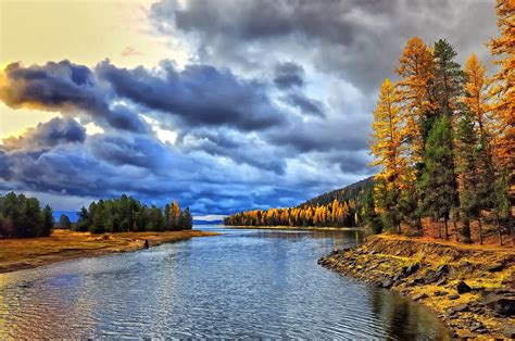 Autumn Forest River Clouds Morning Dawn Wallpaper 2048x1360 177749