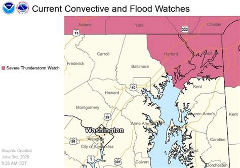 A severe thunderstorm watch (same code: NWS Severe Thunderstorm Watch NE Maryland 20200603 ...