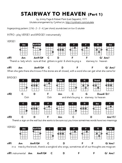 Stairway To Heaven Part 1 Ukulele Chord Chart Rock Music Jimmy Page
