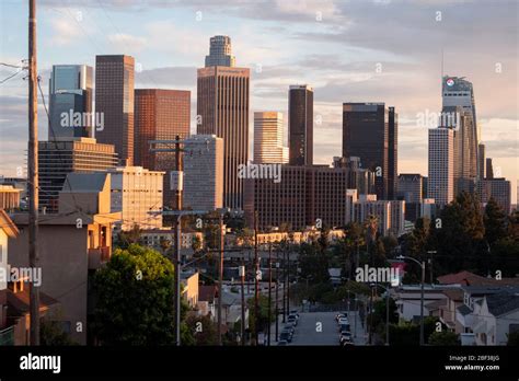 Gritty Street View Of Downtown Los Angeles La Skyline At Sunset In The