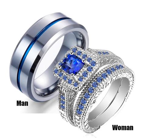 His Hers Couple Ring Set Women Platinum White Blue Stone Cz