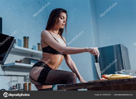Sexy Girl Black Lingerie Knife Kitchen Stock Photo By VitalikRadko
