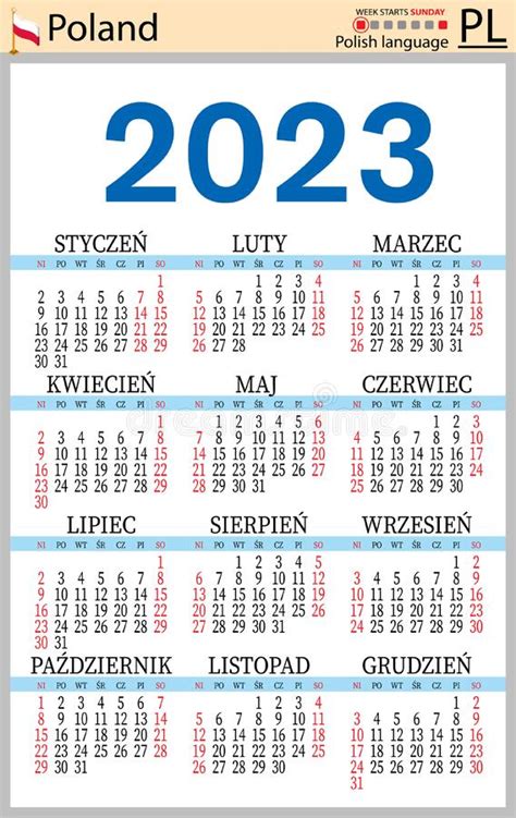 Polish Vertical Pocket Calendar For 2023 Week Starts Sunday Stock