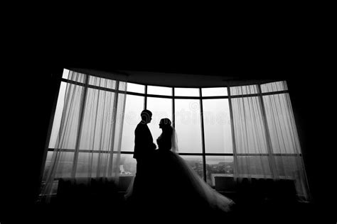 Silhouettes Of Wedding Couple Hugging At Hotel Room Near Window Stock Photo Image Of Amazing