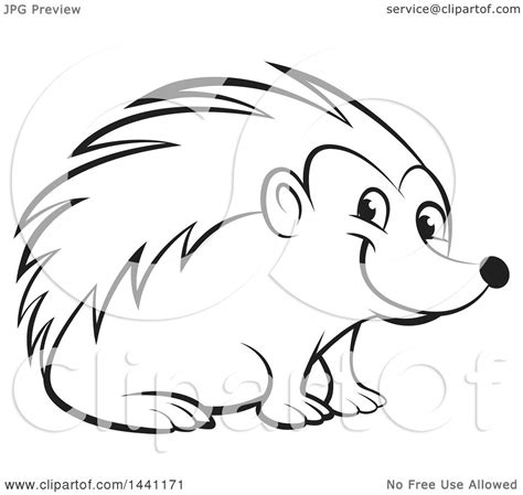 Clipart Of A Black And White Lineart Happy Hedgehog Royalty Free