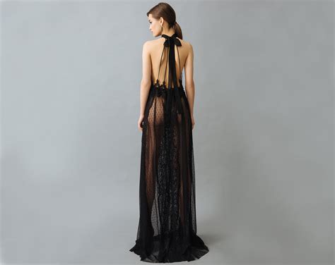 long black see through nightgown with lace f41 sheer etsy