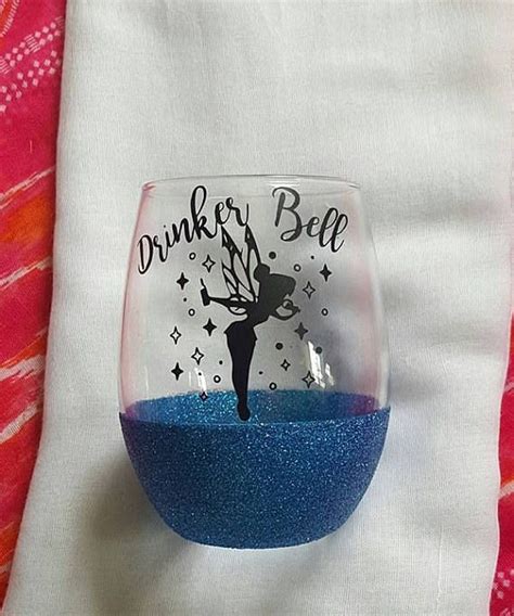 Disney Wine Glass Drinker Bell Glitter Wine Glass Disney Inspired Tinkerbell Fun Wine