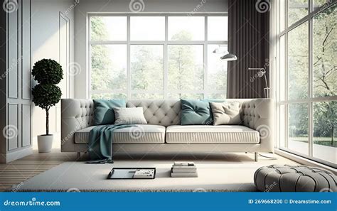 Living Room With White Furniture And Large Windows Generative Ai Stock