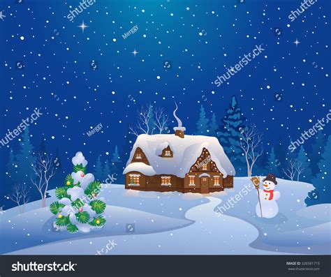 Vector Cartoon Illustration Of A Christmas Night Scene With A Snow