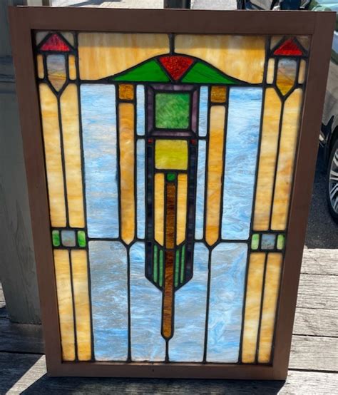 Antique Craftsman Prairie Stained Glass In The Style Of Frank Lloyd Wright